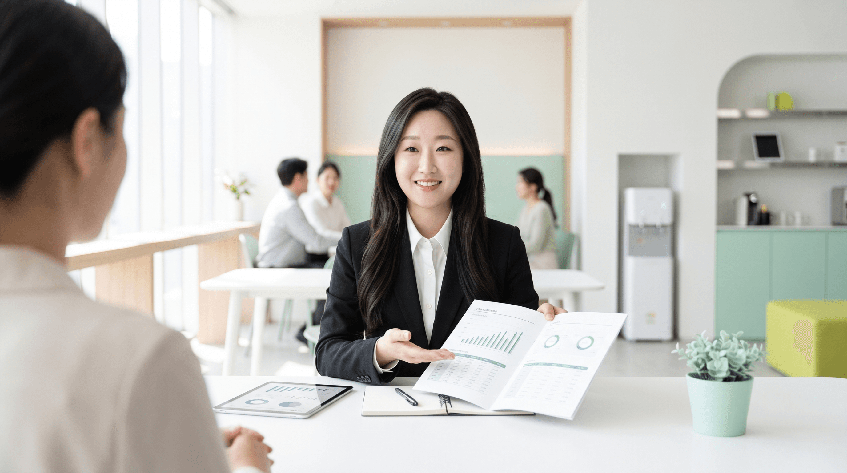 상담 테이블에서 자료를 펼쳐 설명하는 이시연 설계사