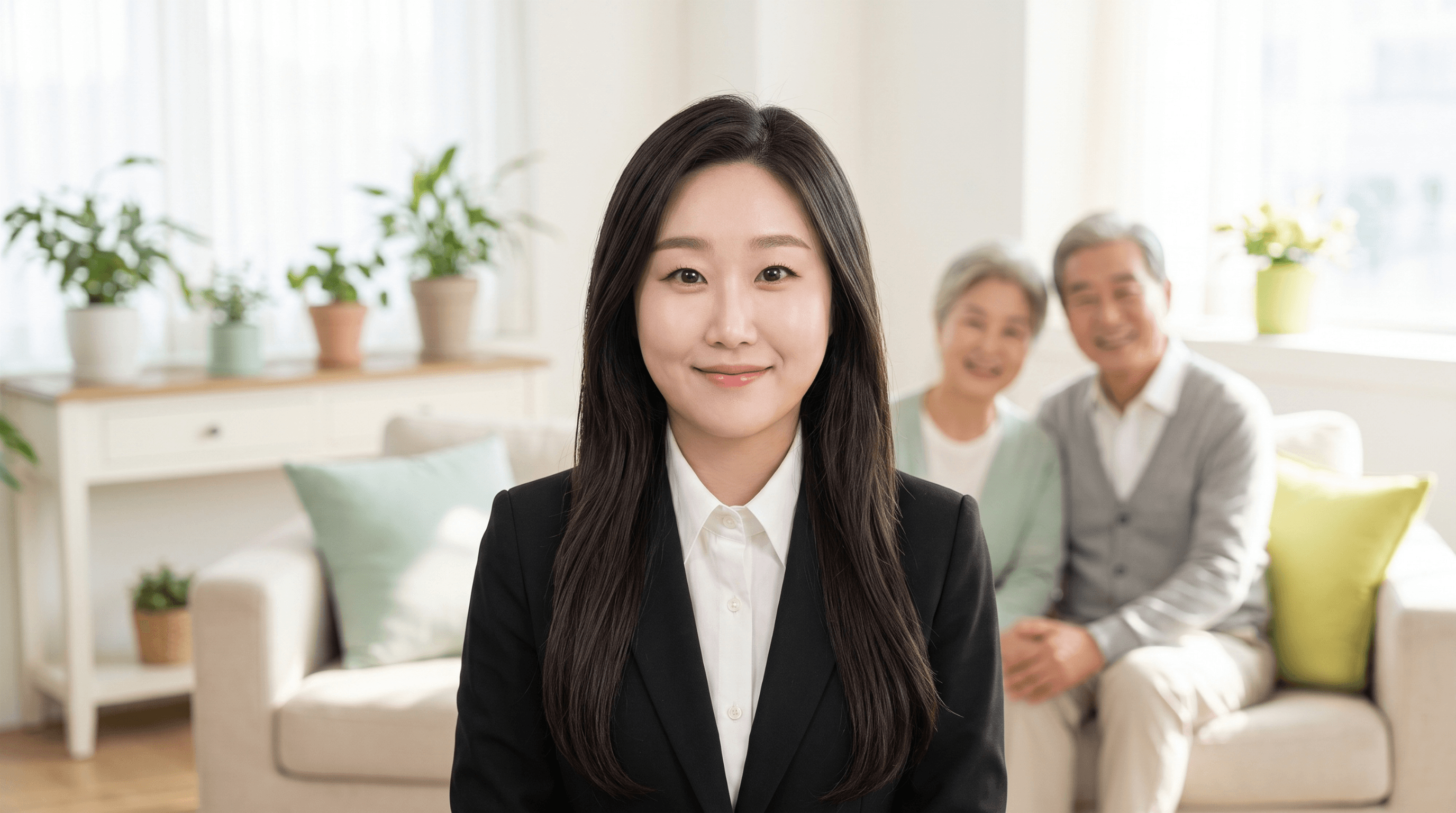 밝은 거실에서 어르신 부부와 함께한 이시연 설계사