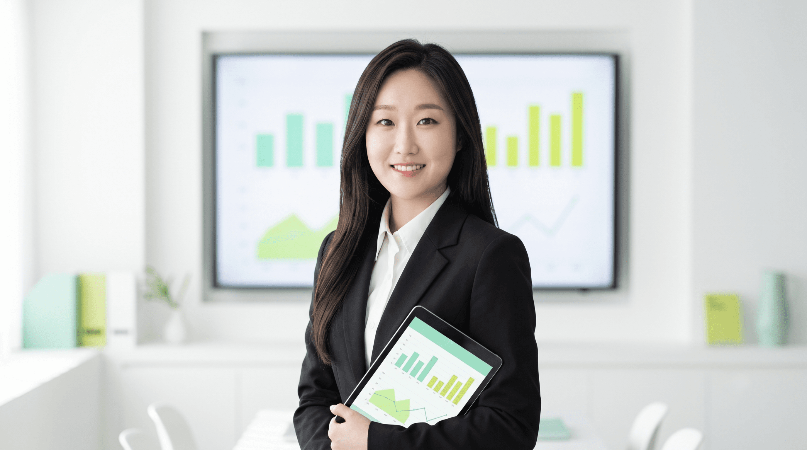 재무진단 차트를 배경으로 태블릿을 든 이시연 설계사